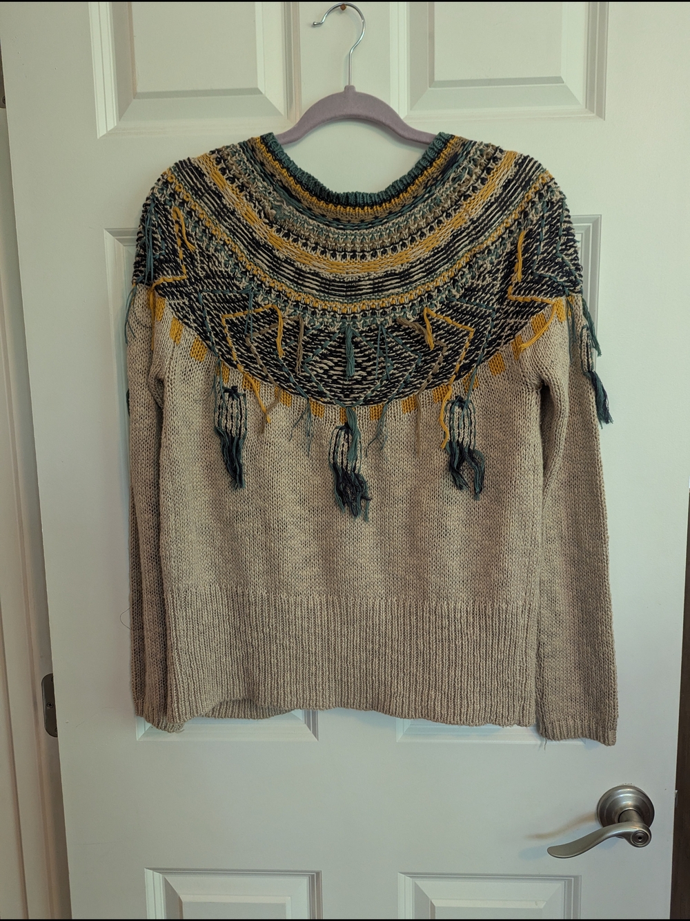 gimmicks by BKE Cream Cardigan with Teal and Mustard Fringe - Picture 3 of 5